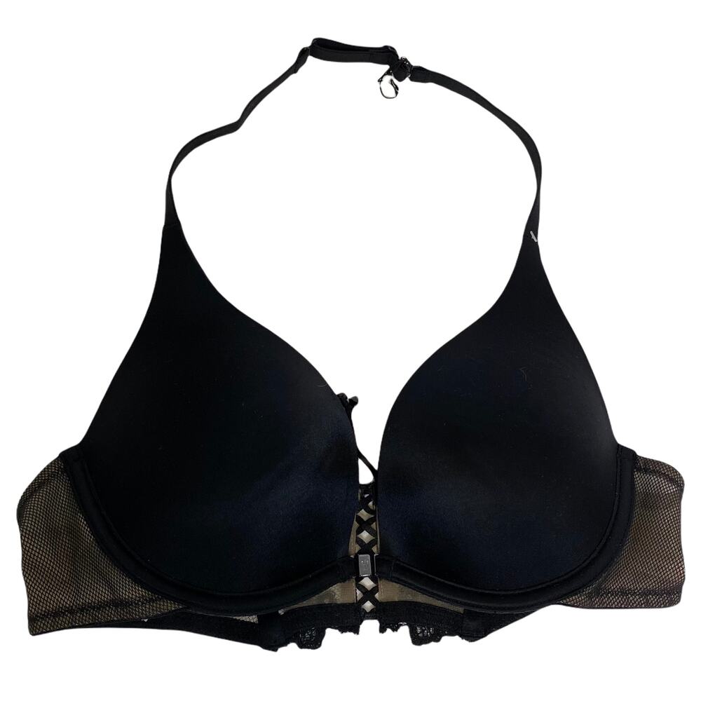 Victoria's Secret Women Sz 34B Plunge Bra Smooth‎ Black Lace Back Front Closure